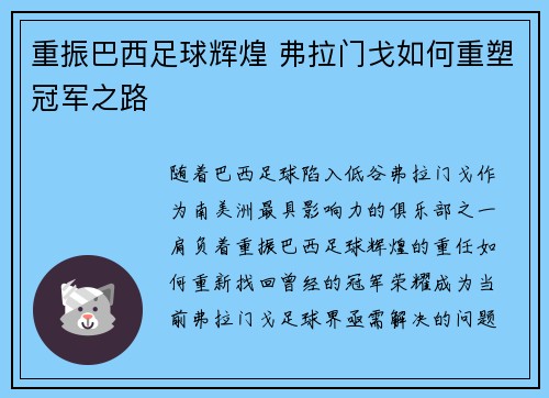 重振巴西足球辉煌 弗拉门戈如何重塑冠军之路